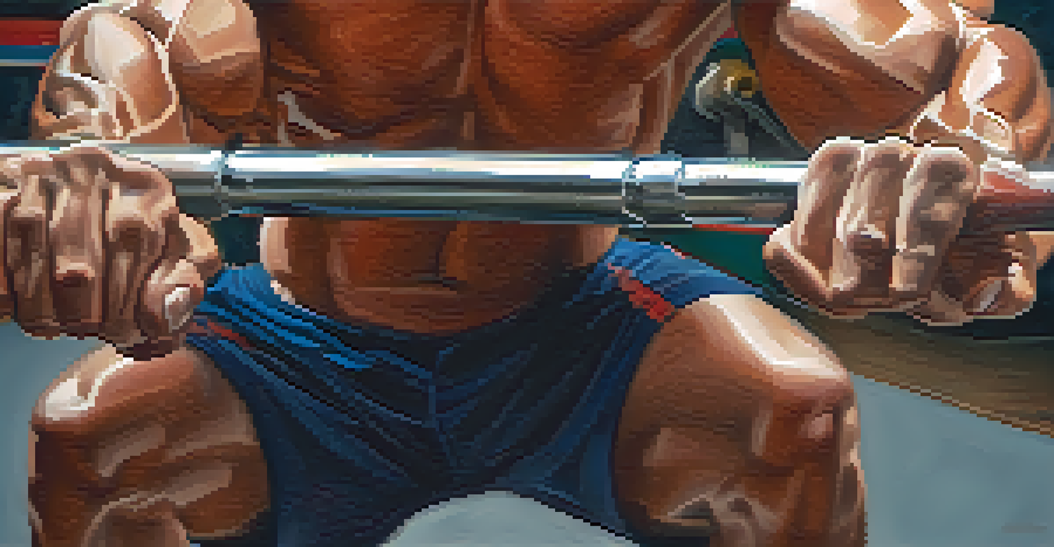 Close-up of a bodybuilder's hands gripping a barbell, emphasizing the details of their hands and the barbell.