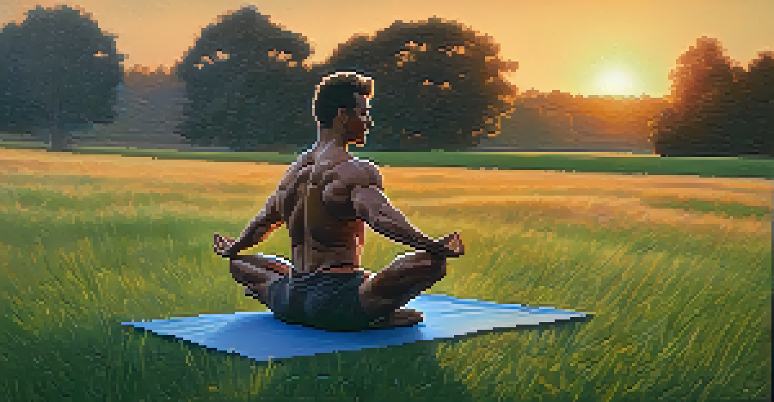 A bodybuilder doing yoga in a grassy field during a colorful sunset.