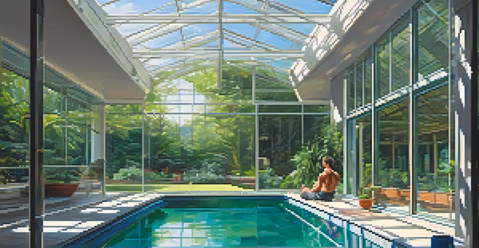 A bodybuilder swimming in an indoor pool with natural light and reflections on the water.