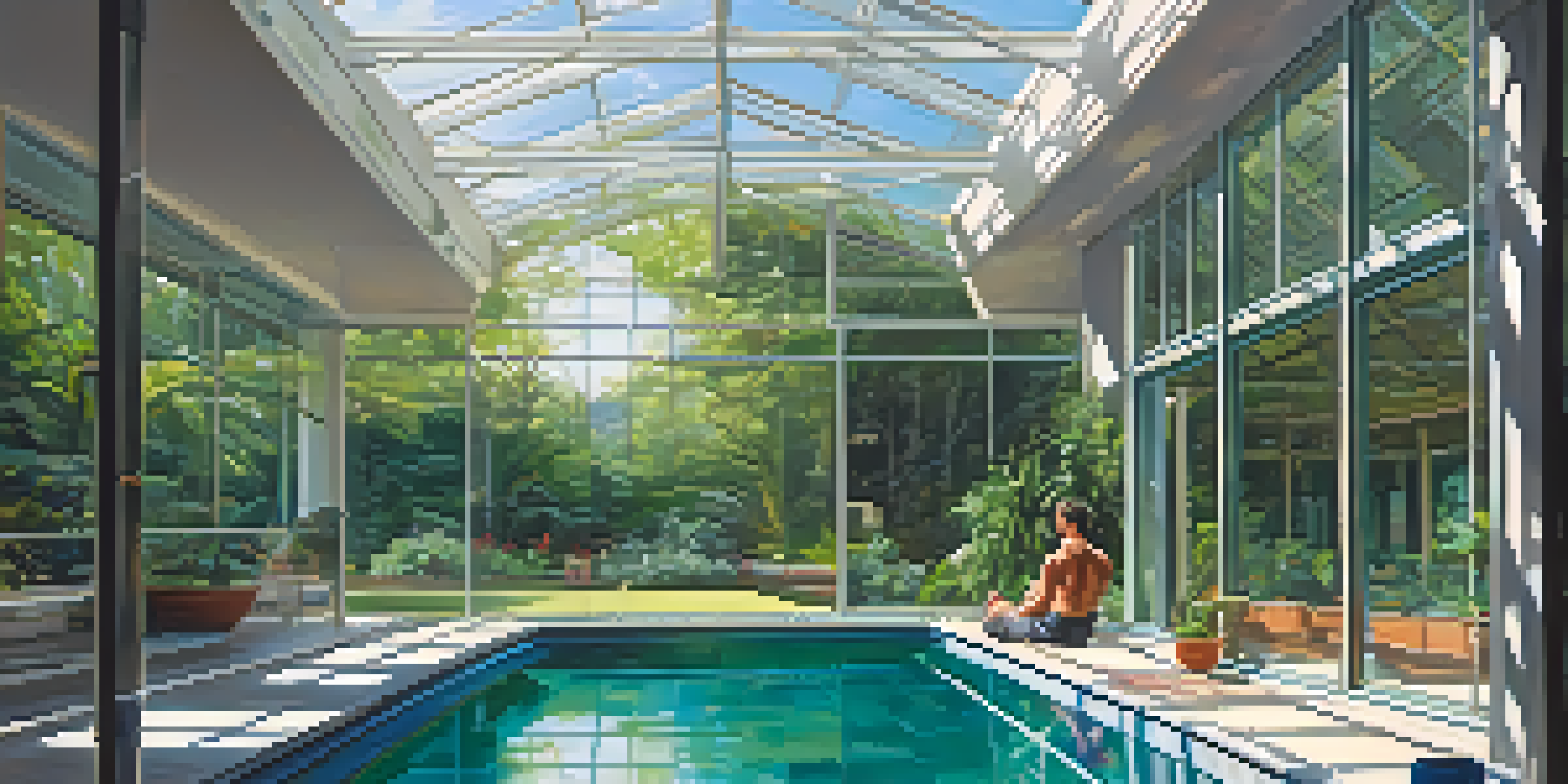 A bodybuilder swimming in an indoor pool with natural light and reflections on the water.