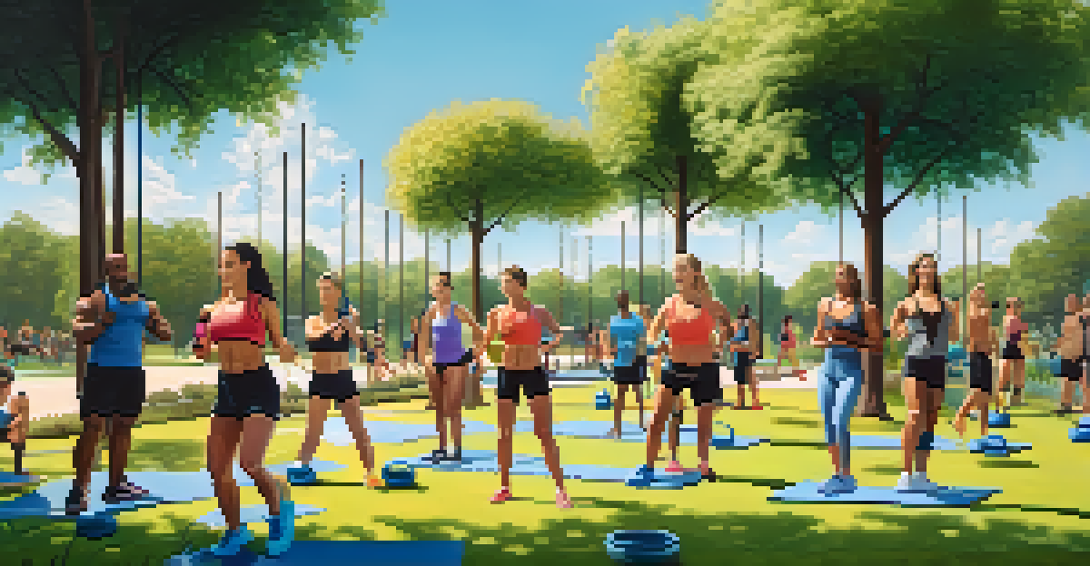 A diverse group of friends exercising with kettlebells and resistance bands in a park.