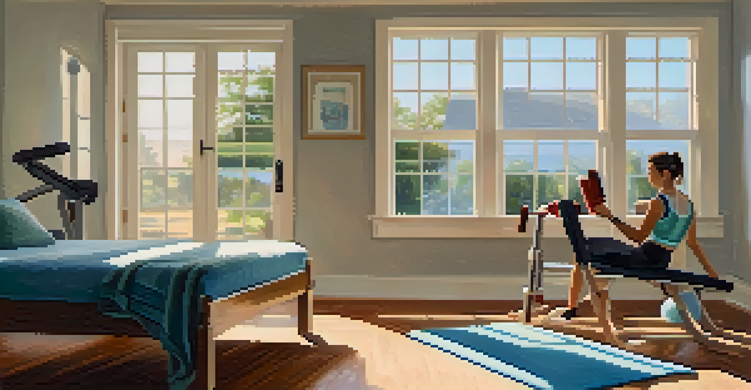 A person performing tricep dips on a sturdy chair in a sunlit room, with a towel and water bottle nearby.