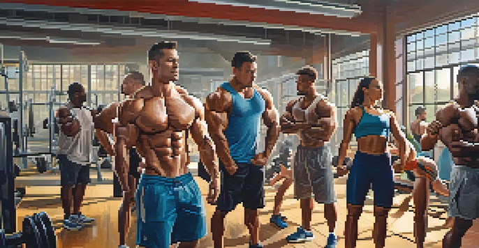 A diverse group of people working out in a gym, showcasing teamwork and motivation in bodybuilding.