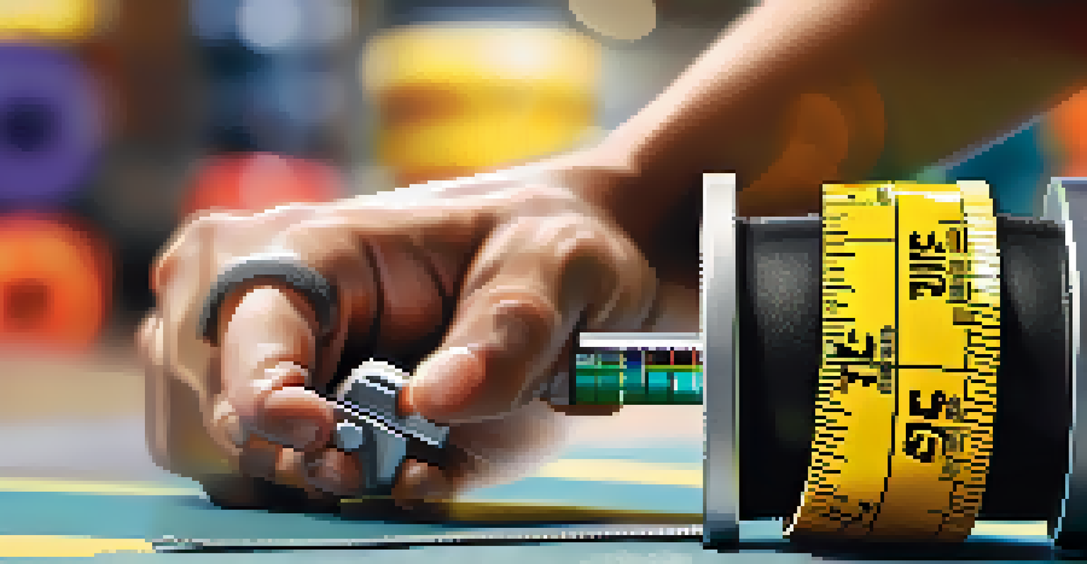 A close-up of a hand holding a measuring tape in a gym, symbolizing progress in bodybuilding.