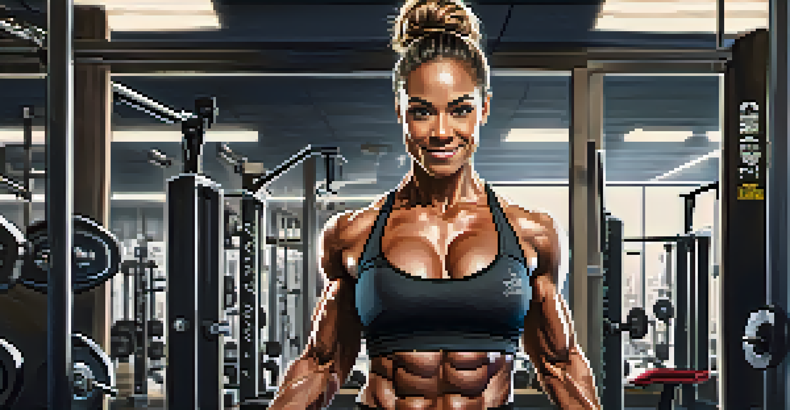 A strong female vegan bodybuilder flexing her muscles in a gym, surrounded by weights and fitness equipment, radiating confidence.