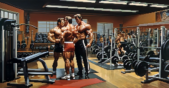 A vintage gym scene from the 1970s with bodybuilders training together, surrounded by classic weights and posters of iconic bodybuilders.