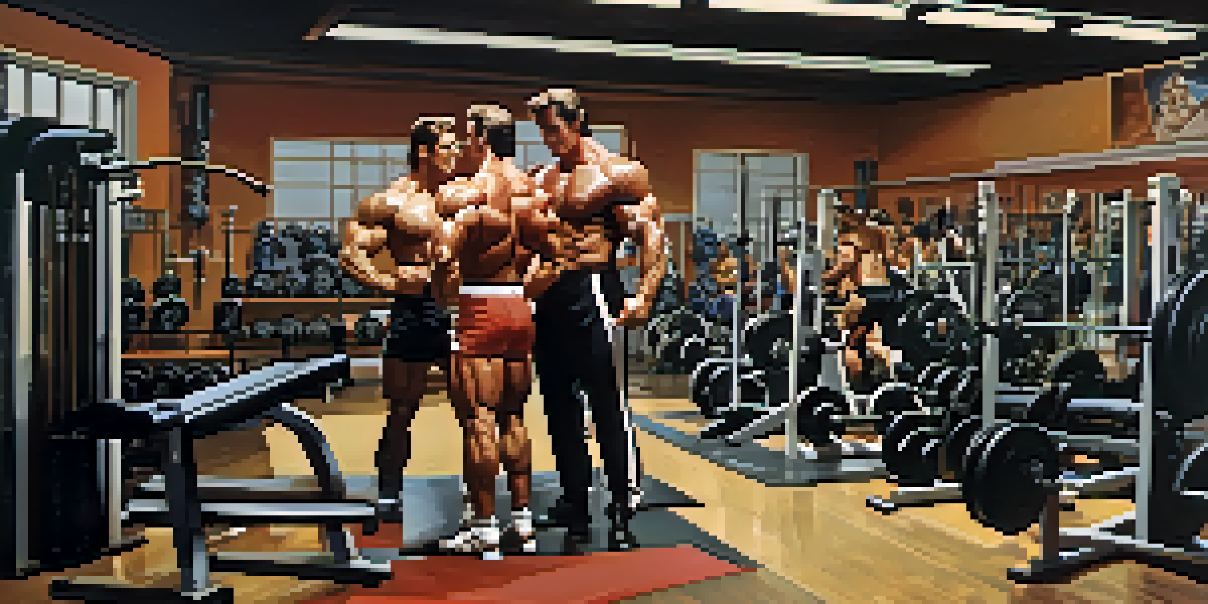 A vintage gym scene from the 1970s with bodybuilders training together, surrounded by classic weights and posters of iconic bodybuilders.