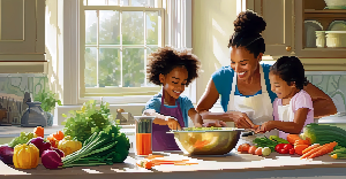 A mother and her children happily preparing a healthy meal in a bright kitchen filled with fresh ingredients.
