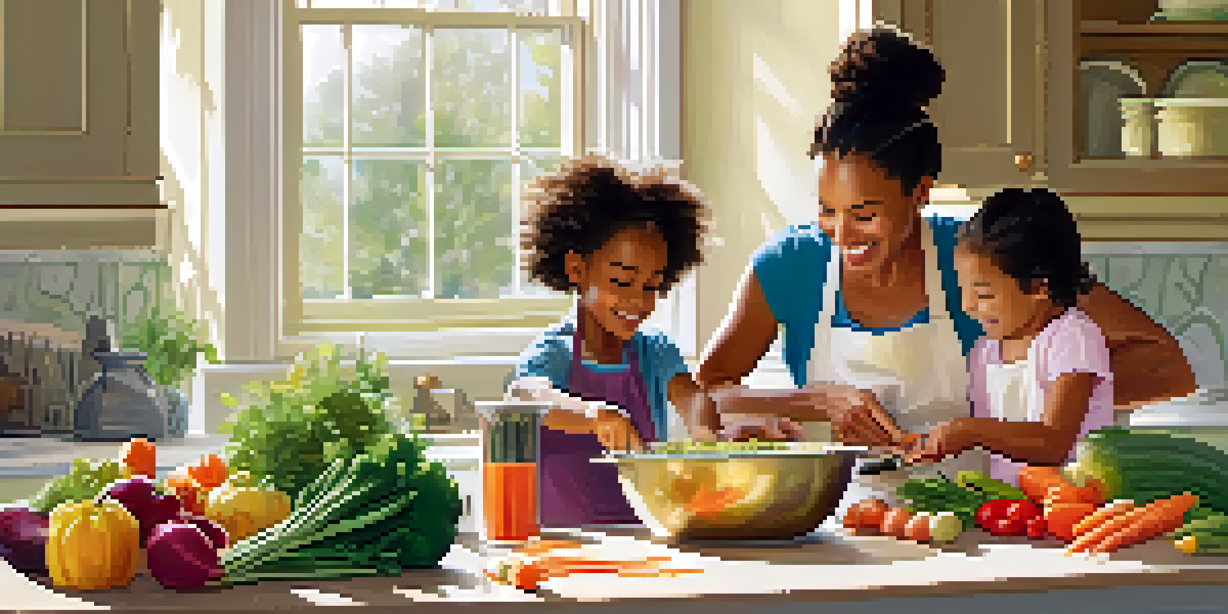 A mother and her children happily preparing a healthy meal in a bright kitchen filled with fresh ingredients.