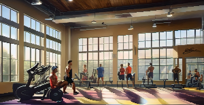 A diverse group of individuals working out in a bright gym, surrounded by workout equipment and motivational posters.
