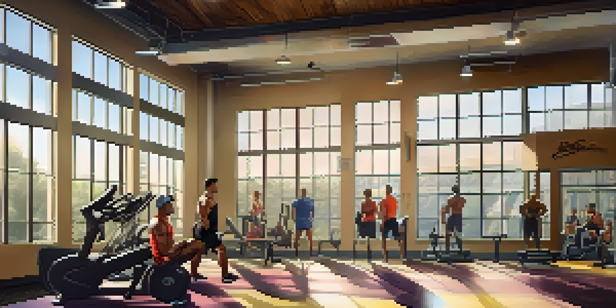 A diverse group of individuals working out in a bright gym, surrounded by workout equipment and motivational posters.