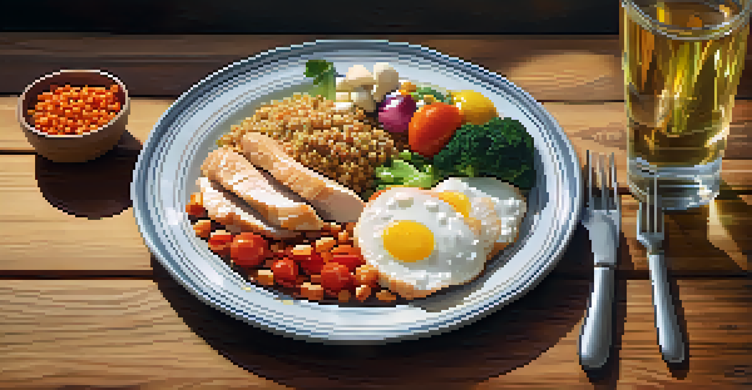 A balanced meal for bodybuilders featuring chicken, quinoa, and vegetables on a wooden table.