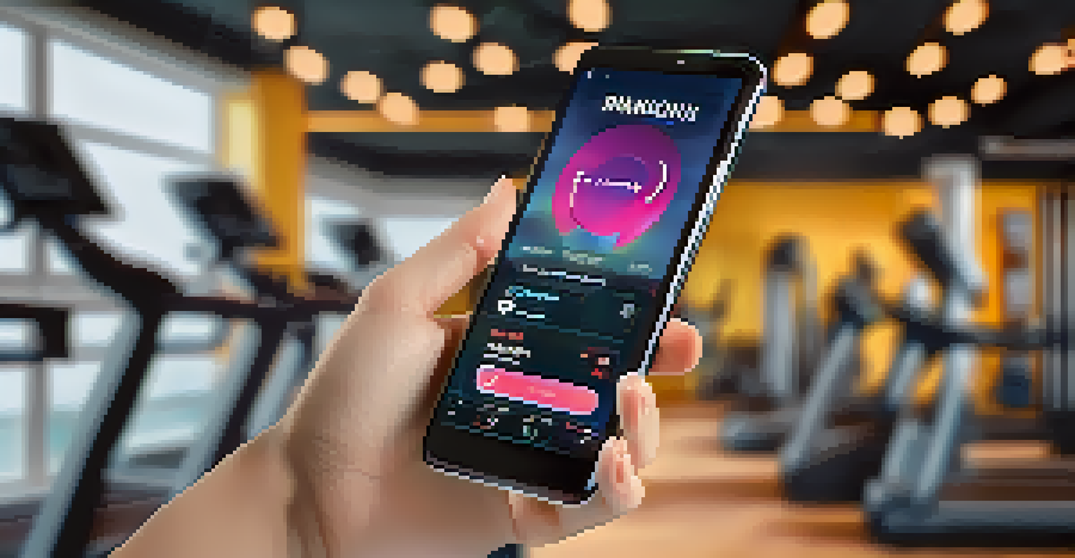 A close-up of a smartphone showing a workout playlist with fast-paced music, set in a gym environment.