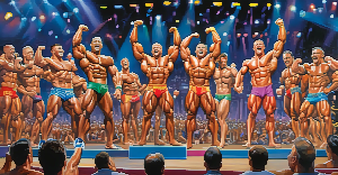 A bodybuilding competition scene with athletes posing on stage, surrounded by a cheering crowd and stage lights.