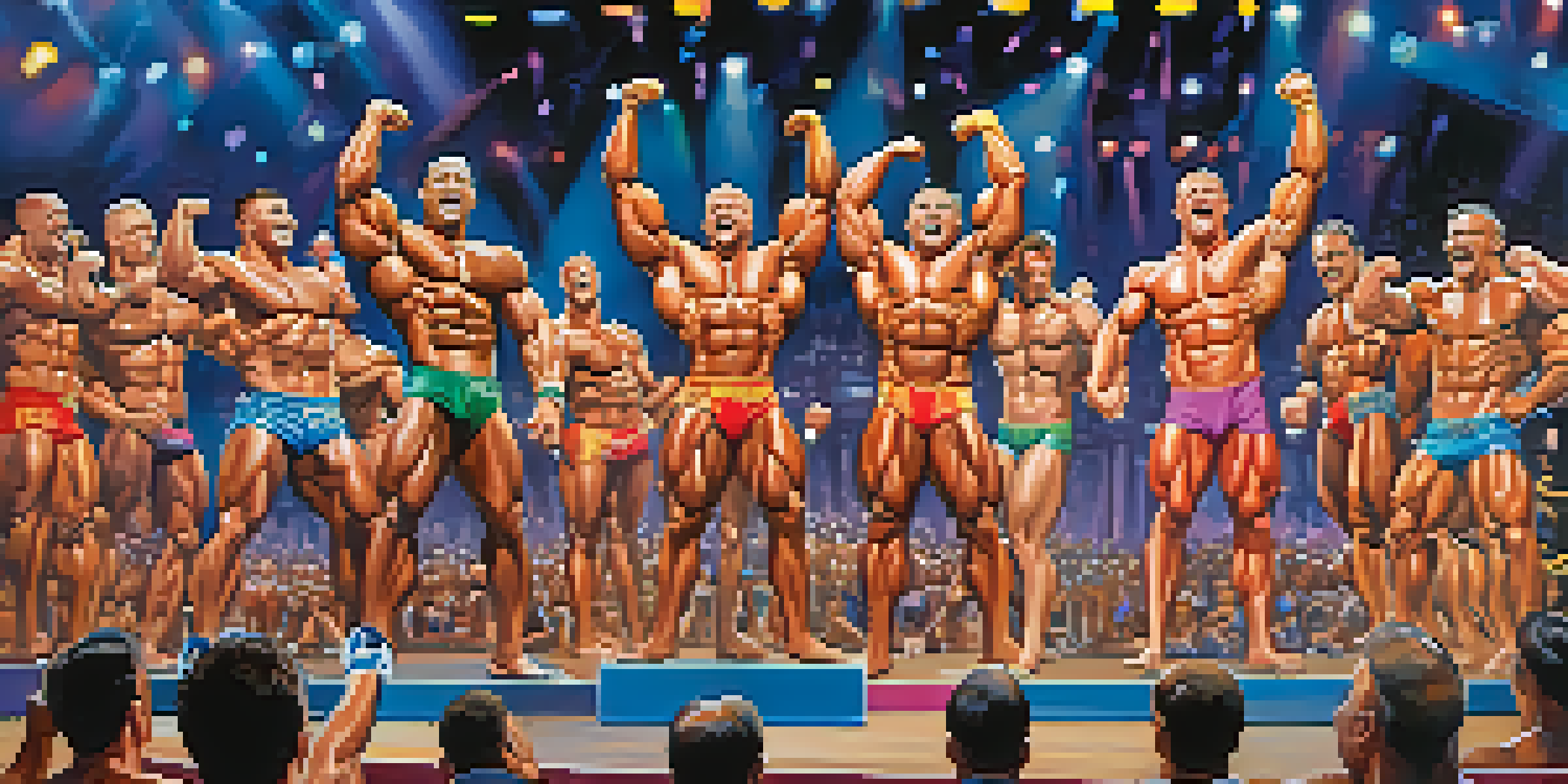 A bodybuilding competition scene with athletes posing on stage, surrounded by a cheering crowd and stage lights.