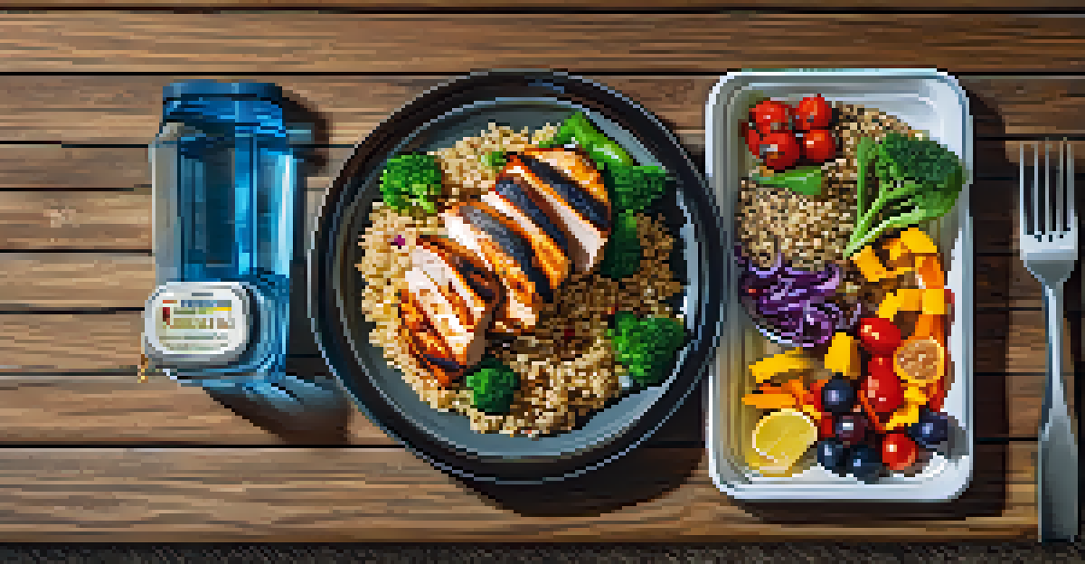 A colorful flat lay of a nutritious meal for bodybuilders, including chicken, quinoa, and vegetables, promoting healthy eating.