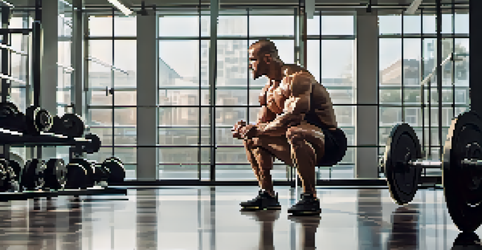 A bodybuilder concentrating while doing squats in a well-lit gym, showcasing his focused expression and perfect form.