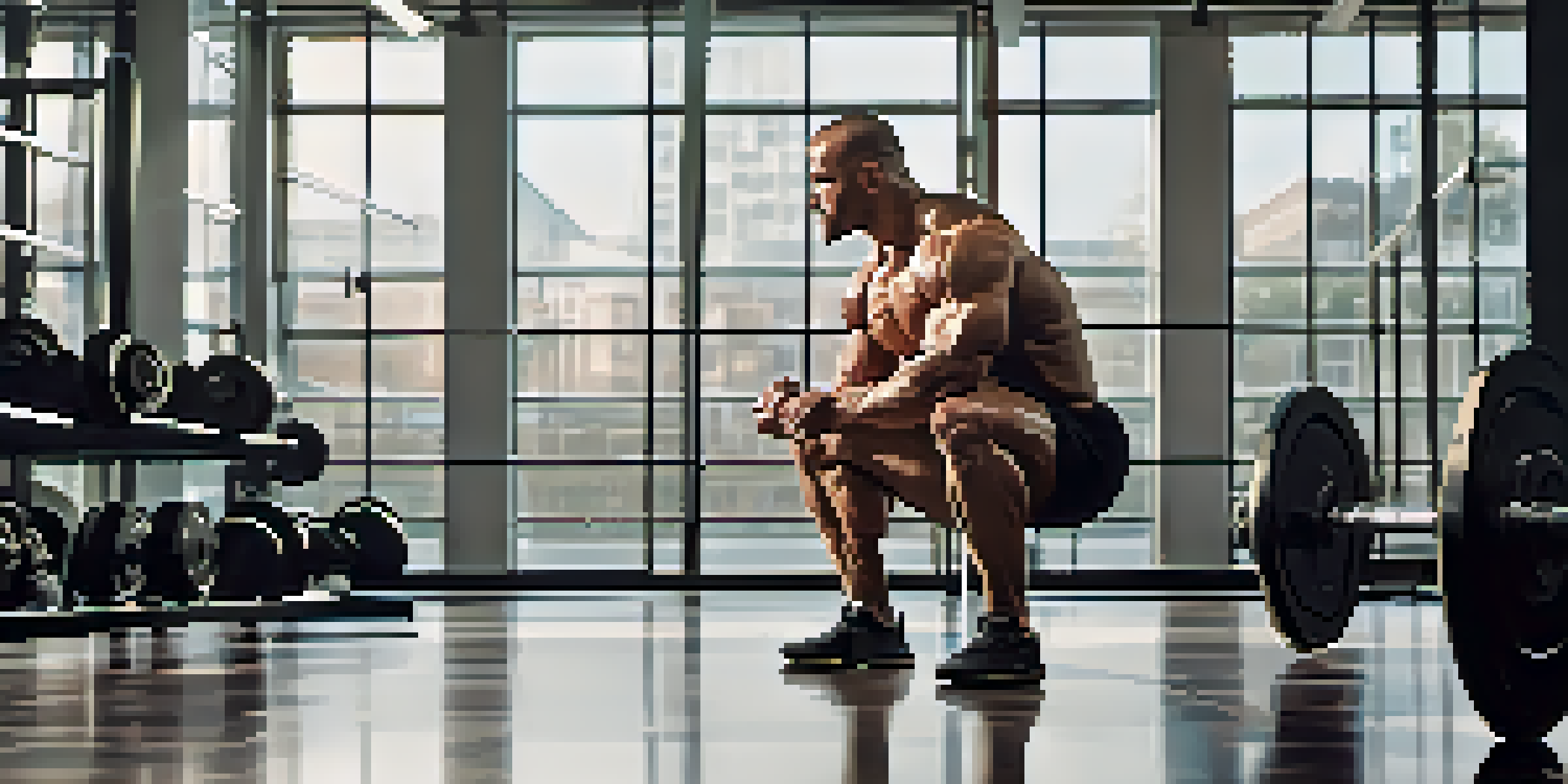 A bodybuilder concentrating while doing squats in a well-lit gym, showcasing his focused expression and perfect form.