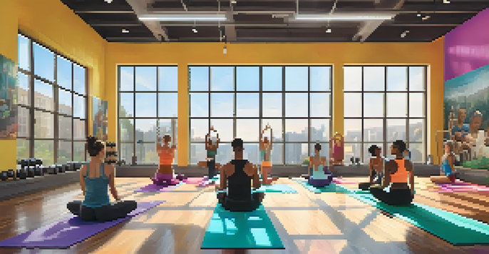 A group of diverse bodybuilders performing dynamic stretches in a bright fitness studio with motivational posters and weights in the background.