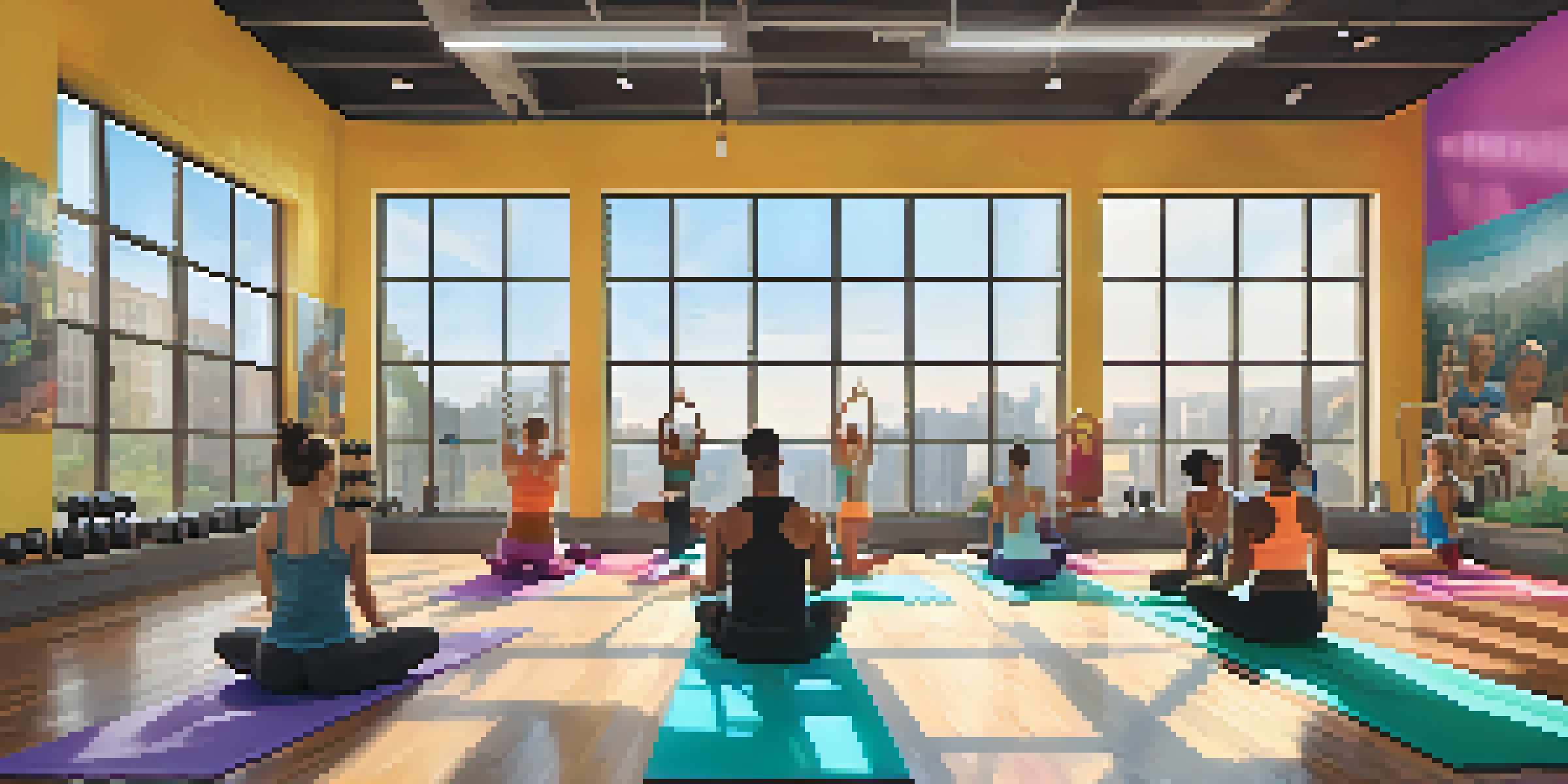 A group of diverse bodybuilders performing dynamic stretches in a bright fitness studio with motivational posters and weights in the background.