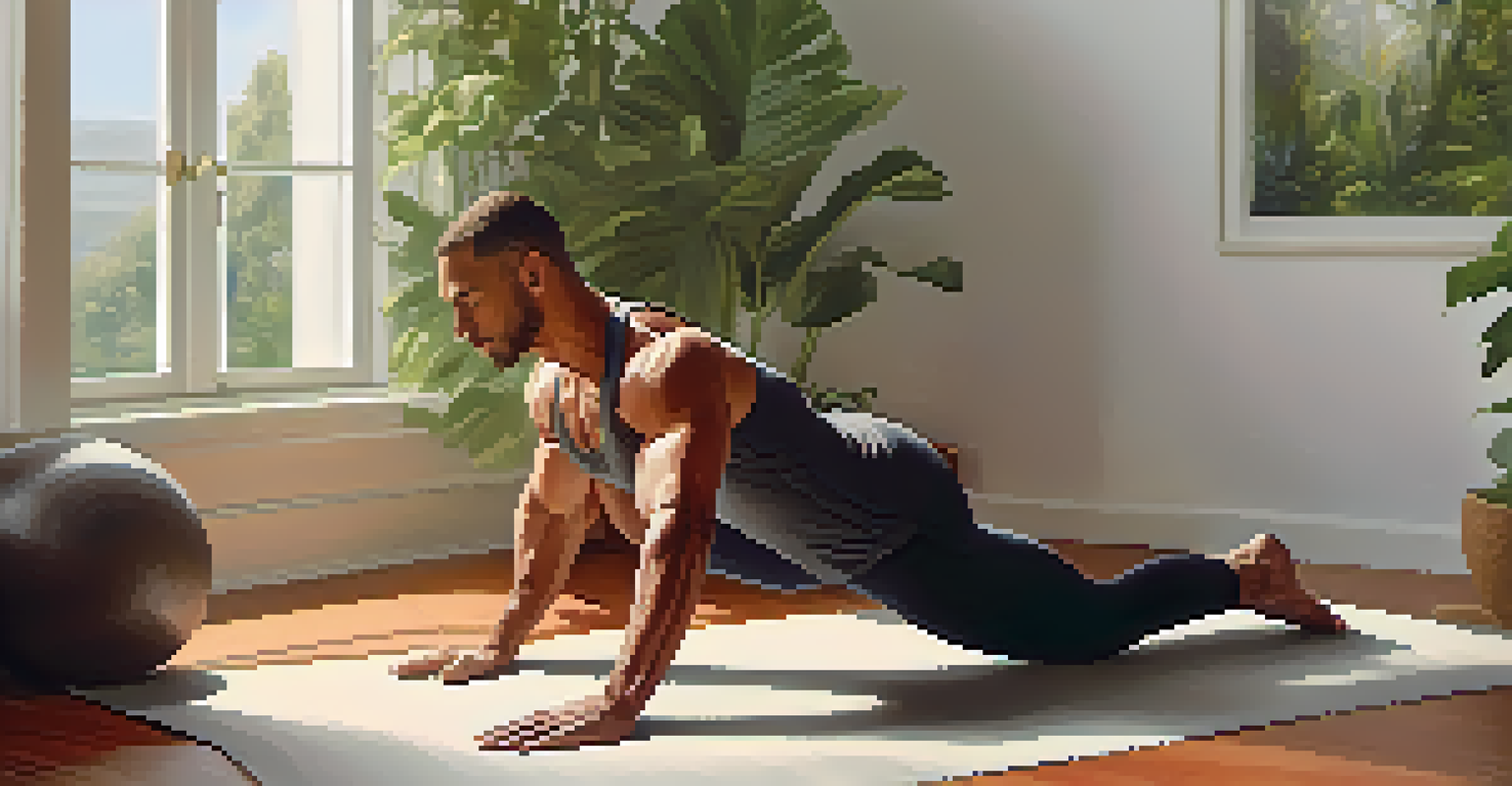 A bodybuilder practicing stretching exercises on a yoga mat in a bright room, highlighting the importance of recovery.