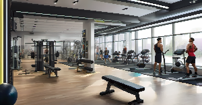 A vibrant gym interior filled with people working out, showcasing various exercises and modern equipment.