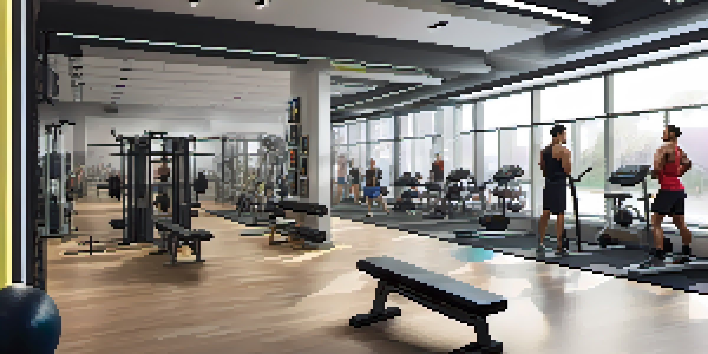 A vibrant gym interior filled with people working out, showcasing various exercises and modern equipment.
