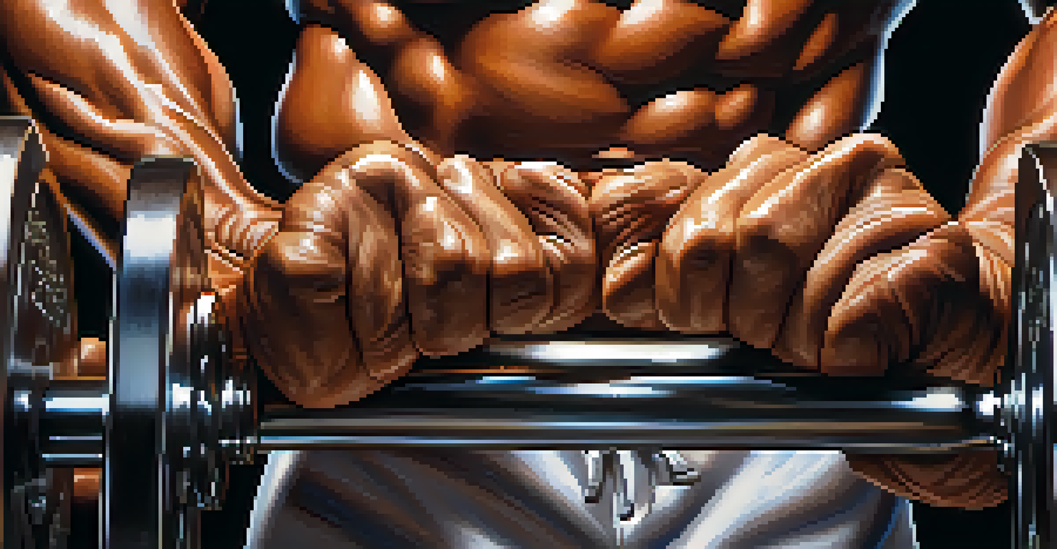 Close-up of a bodybuilder's hands gripping a barbell, highlighting muscular detail and texture.