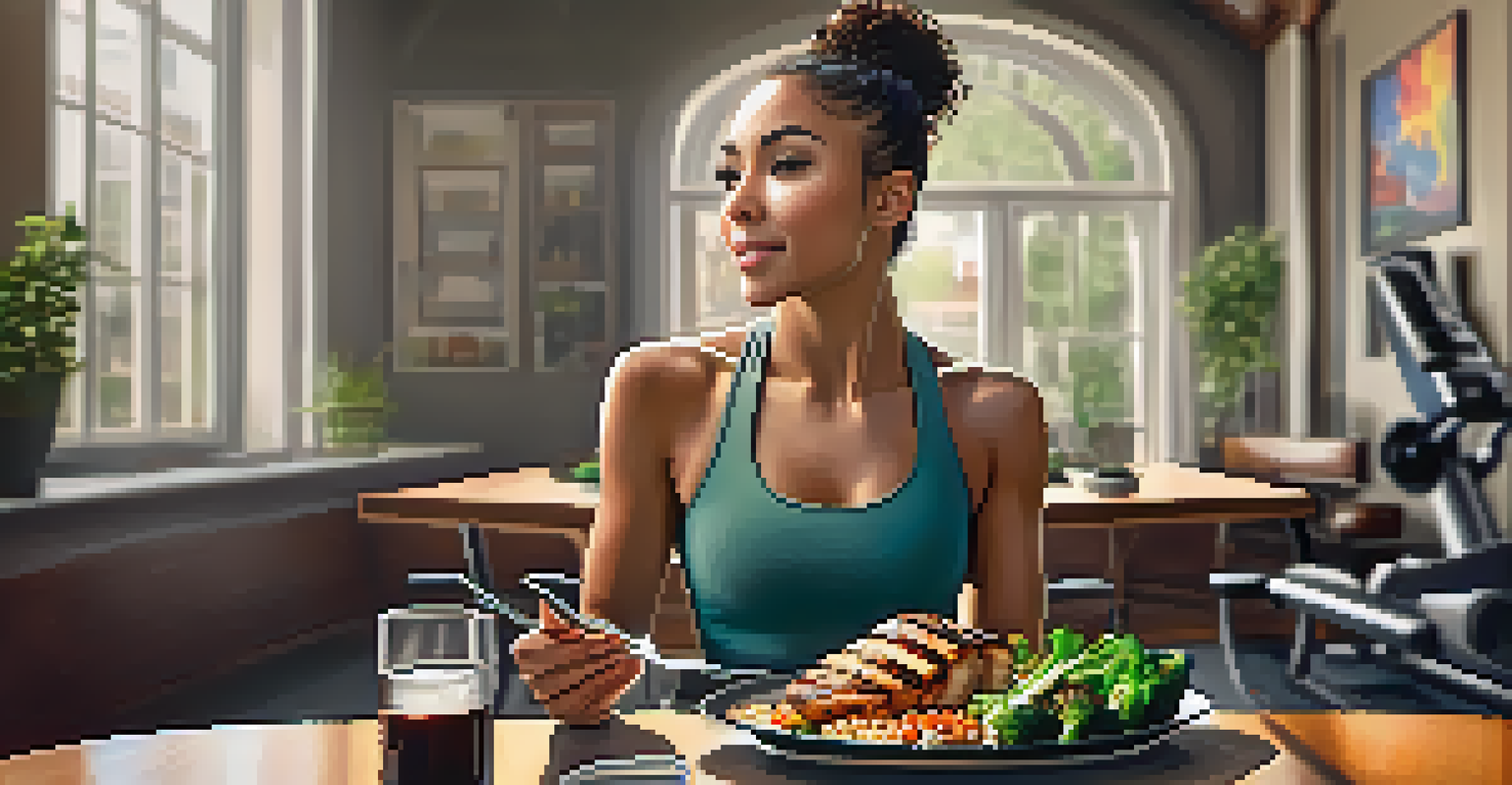 A fitness enthusiast enjoying a balanced meal post-workout with grilled chicken, quinoa, and vegetables at a dining table, with a gym in the background and warm lighting creating an inviting atmosphere.