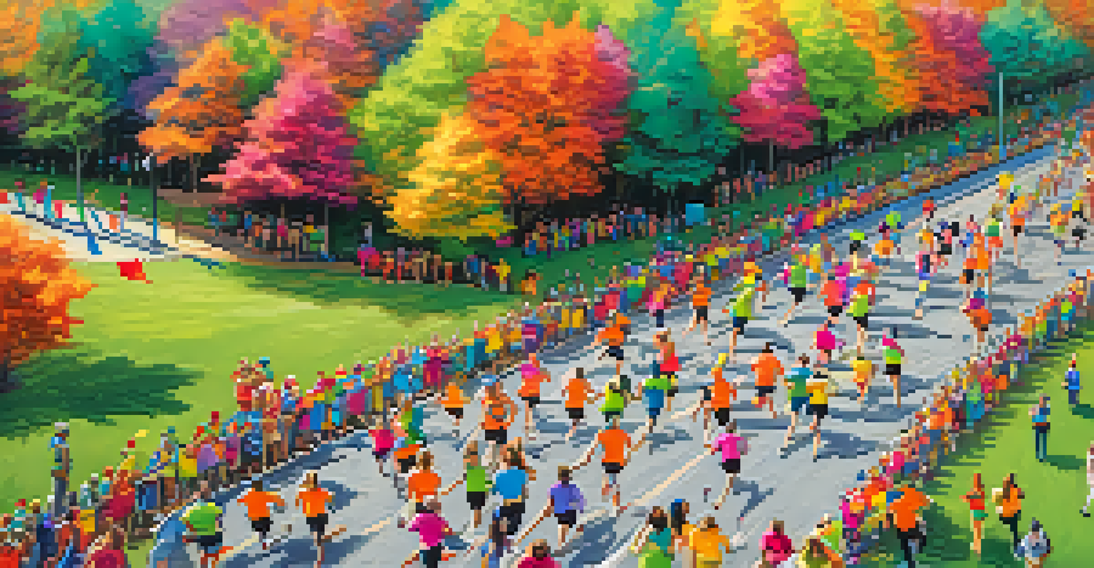 Overhead view of participants in bright costumes running along a scenic route during a fun run event, with colorful decorations and cheering crowds.