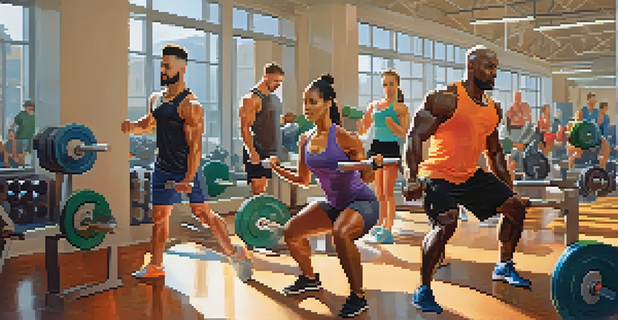 A diverse group of people of different ages exercising together in a gym, lifting weights with determination.