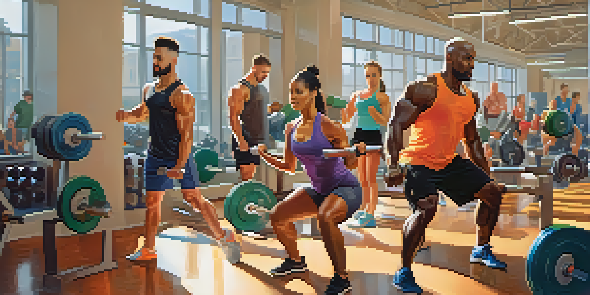 A diverse group of people of different ages exercising together in a gym, lifting weights with determination.