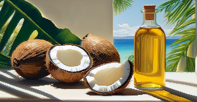 A clear glass bottle of golden MCT oil next to fresh coconuts and tropical leaves, illuminated by soft sunlight in a kitchen.
