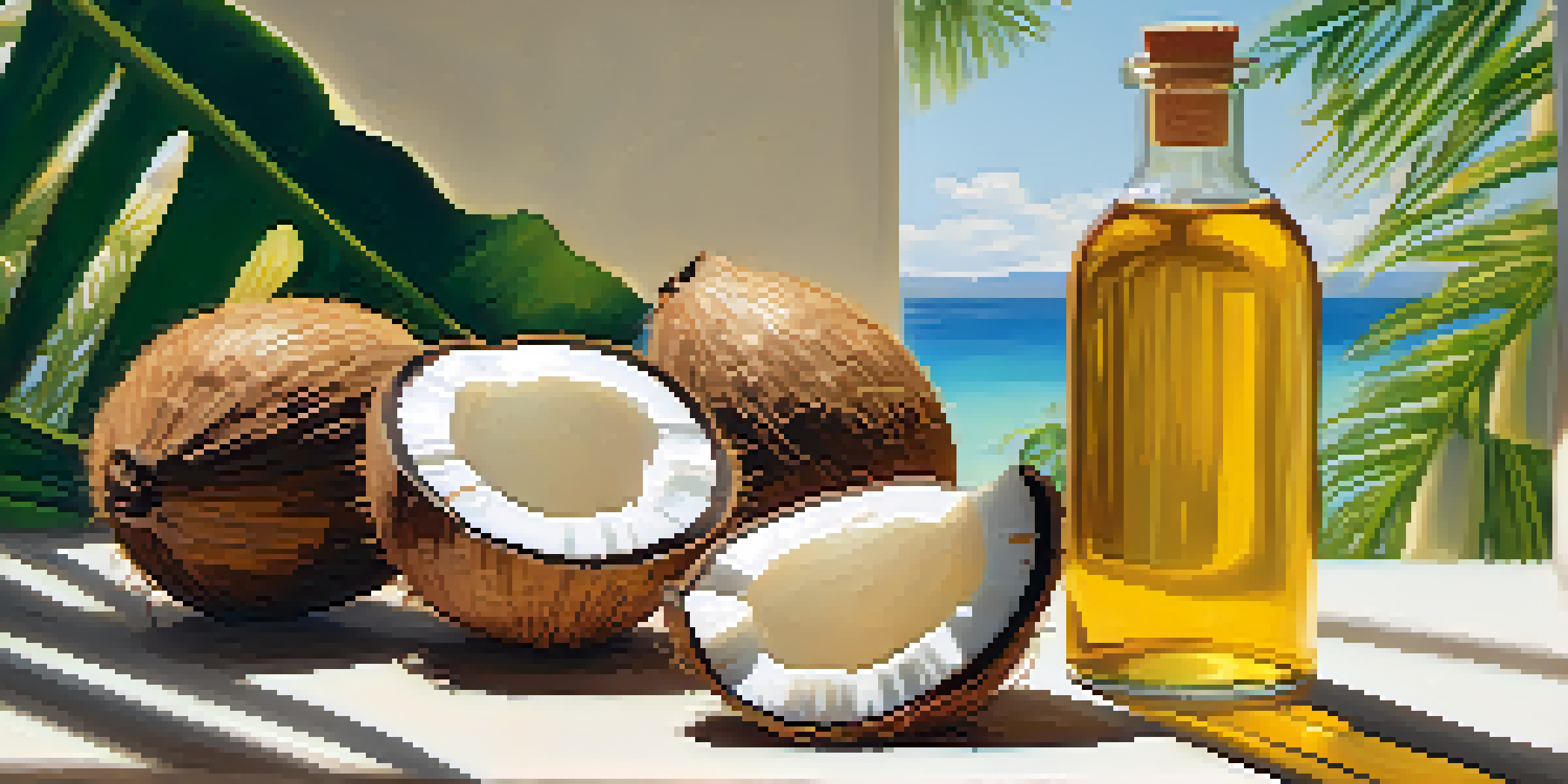 A clear glass bottle of golden MCT oil next to fresh coconuts and tropical leaves, illuminated by soft sunlight in a kitchen.