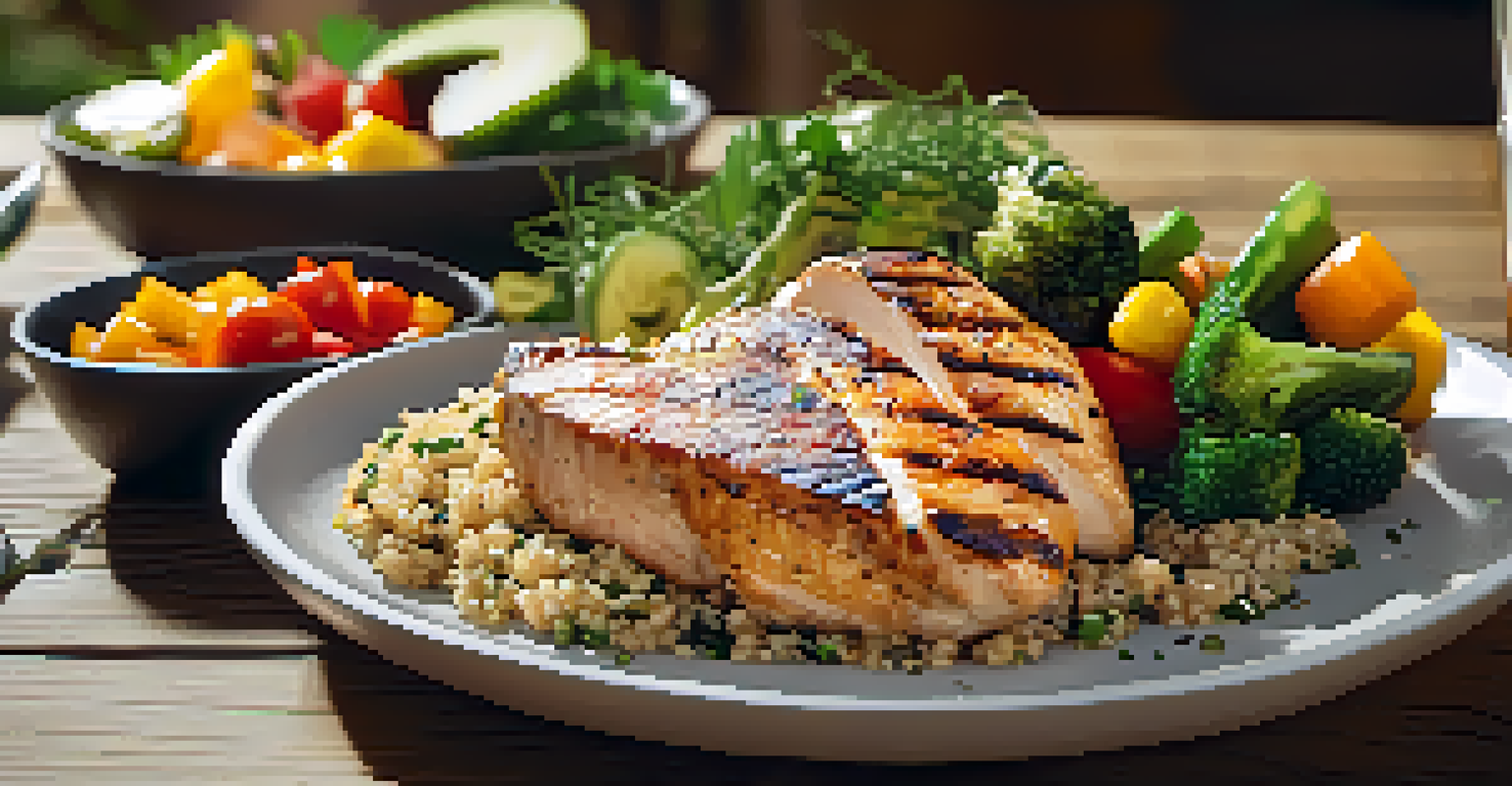 A close-up of a healthy meal with grilled chicken, quinoa, and vegetables on a wooden table.