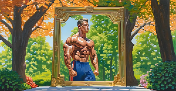 A bodybuilder practicing poses in a park, surrounded by greenery and flowers, with sunlight creating a pleasant atmosphere.