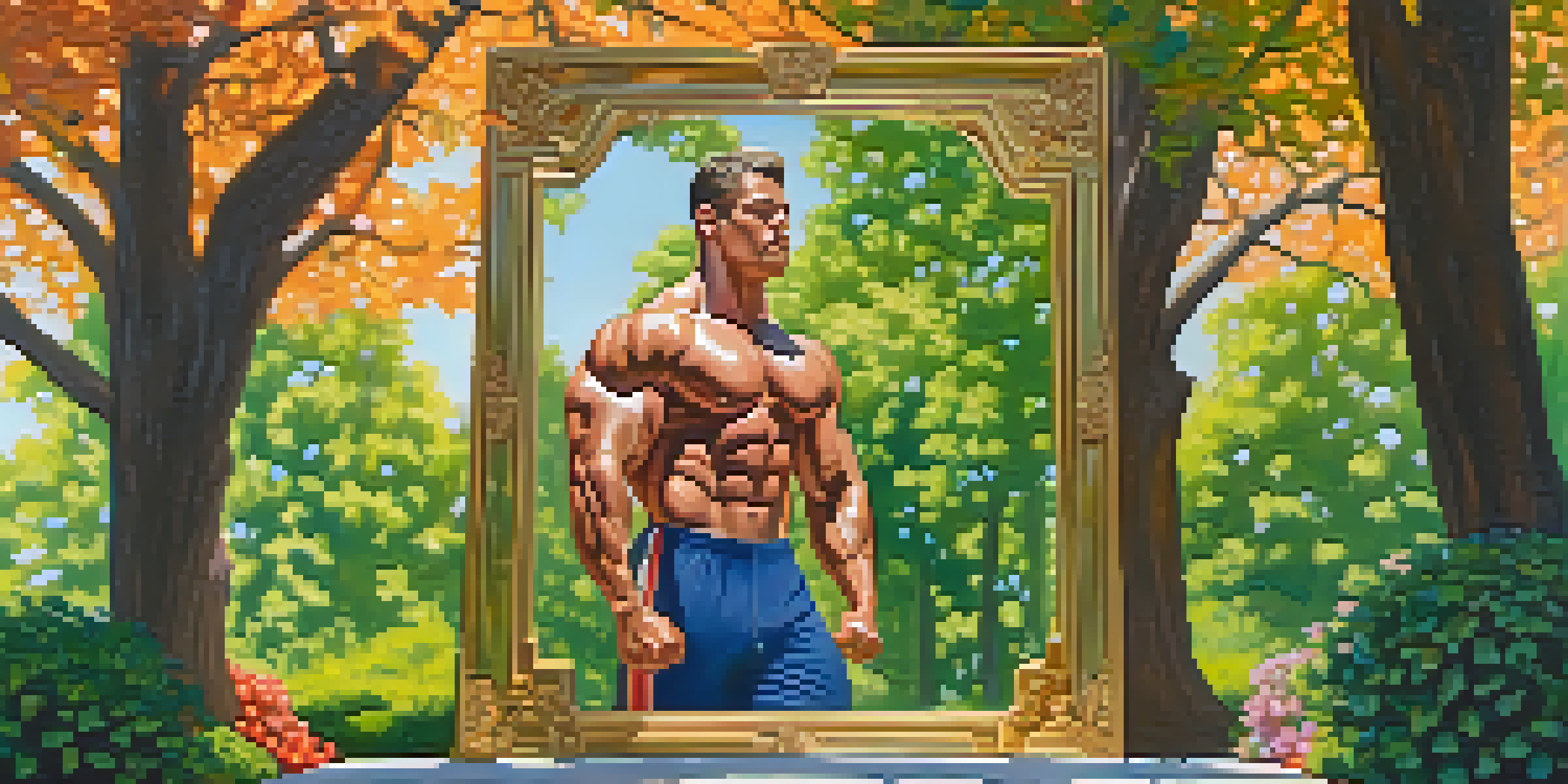 A bodybuilder practicing poses in a park, surrounded by greenery and flowers, with sunlight creating a pleasant atmosphere.