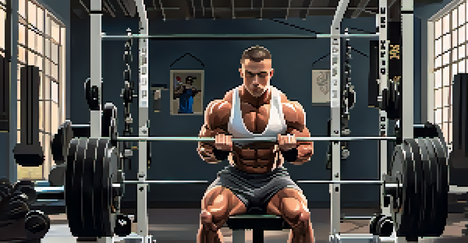 An athlete lifting weights in a gym, showcasing muscles and determination with equipment and motivational posters in the background.