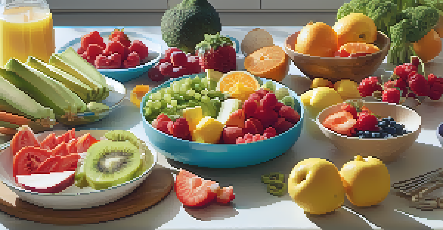 A vibrant plate of healthy foods for children, including fruits, vegetables, and lean proteins, displayed in a playful manner in a bright kitchen.