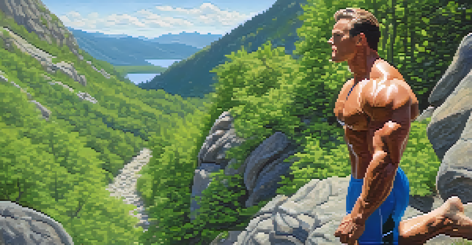 A bodybuilder drinking water while hiking on a scenic mountain trail with lush greenery and a blue sky.
