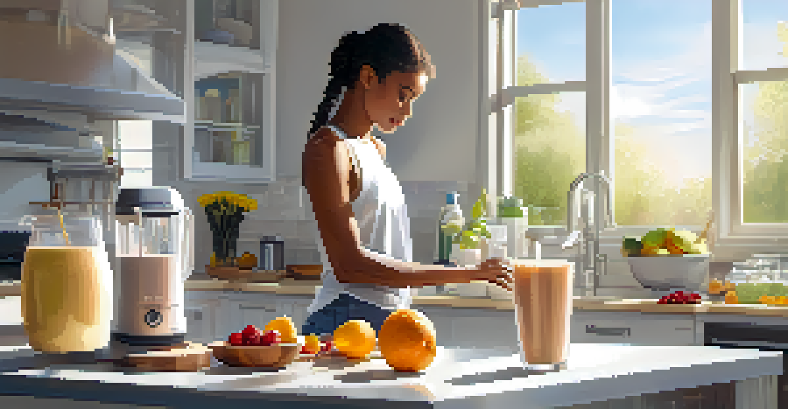 An athlete making a gluten-free protein shake with fruits and protein powder in a modern kitchen with sunlight streaming in.
