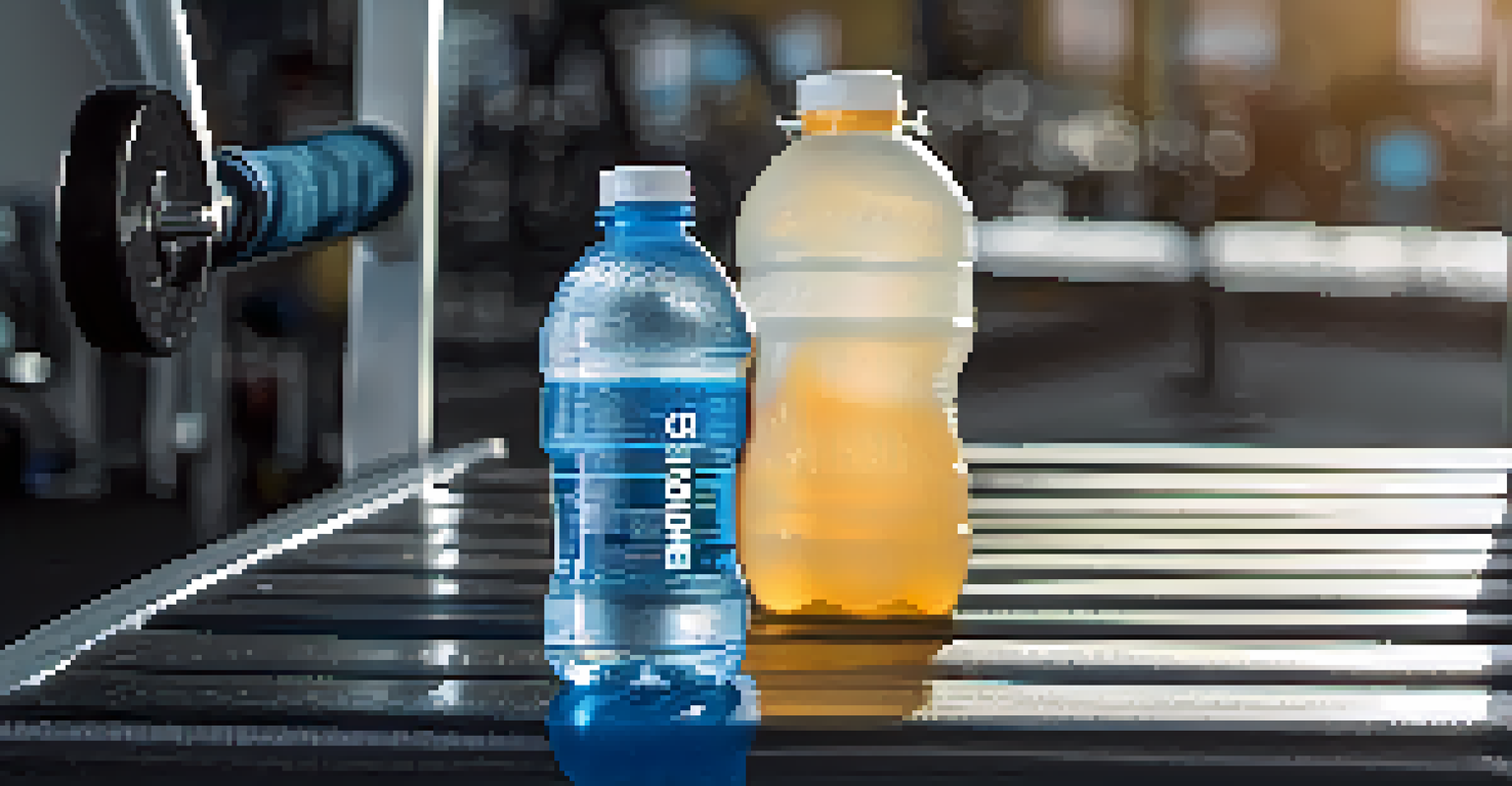 A water bottle and an electrolyte drink on a gym bench, highlighting hydration.