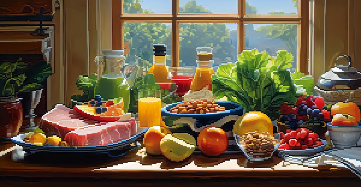 A wooden table filled with nutritious foods including lean meats, leafy greens, and colorful fruits.