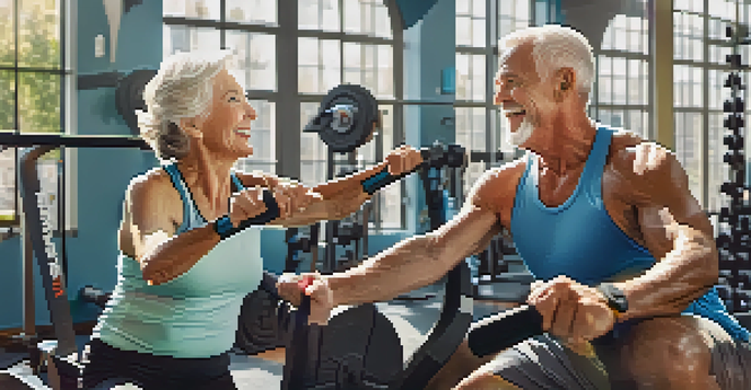 A senior couple lifting light weights together in a bright gym, smiling and enjoying their workout.
