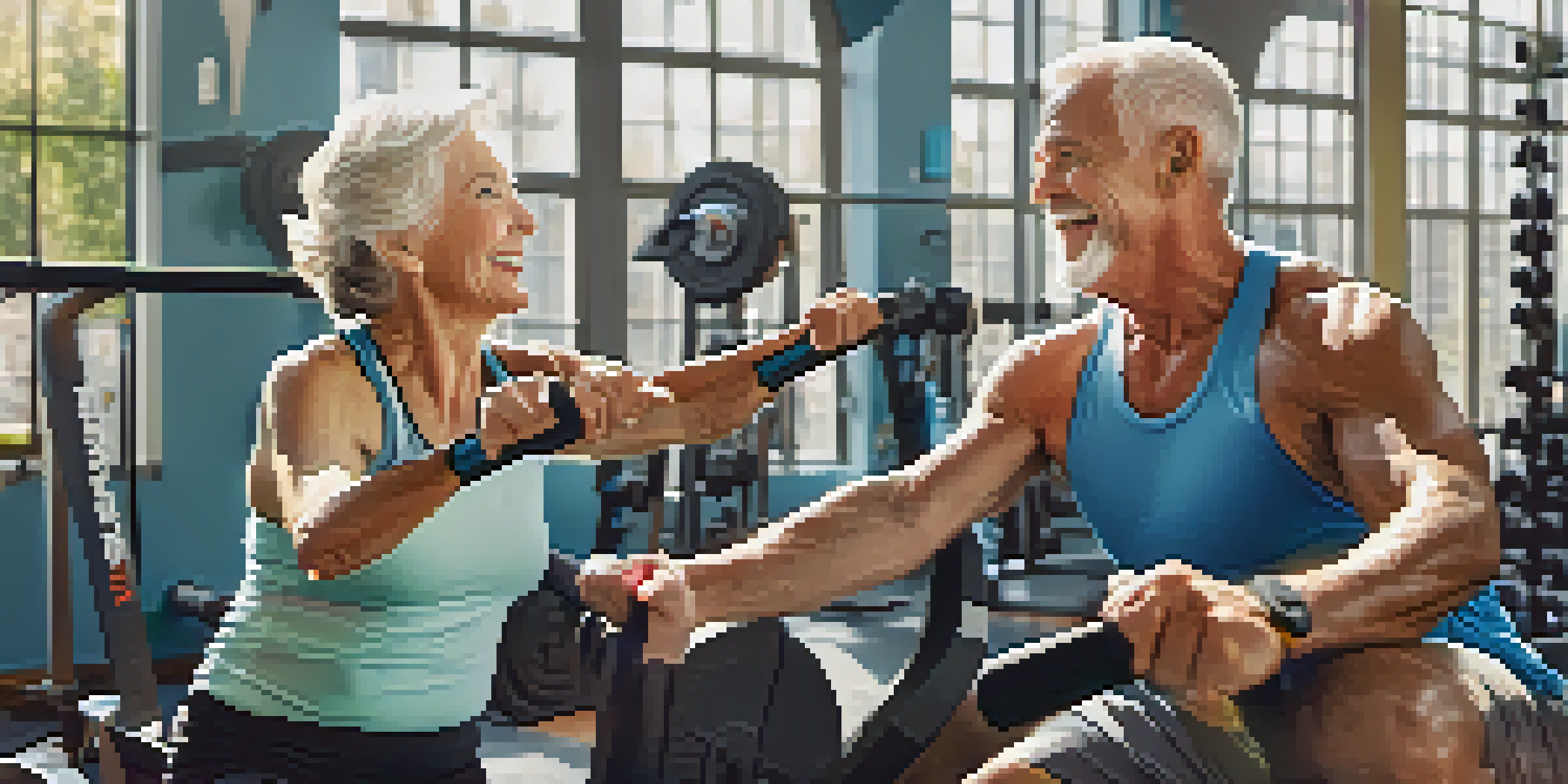 A senior couple lifting light weights together in a bright gym, smiling and enjoying their workout.
