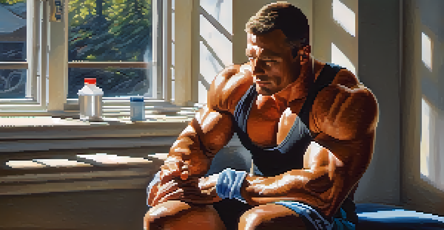 A bodybuilder resting on a bench after a workout, with sunlight illuminating their face and sweat.
