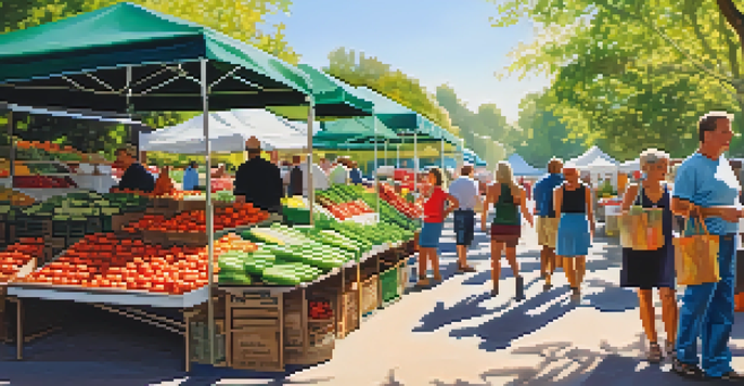 A lively farmers' market with colorful fresh produce and people interacting with farmers.