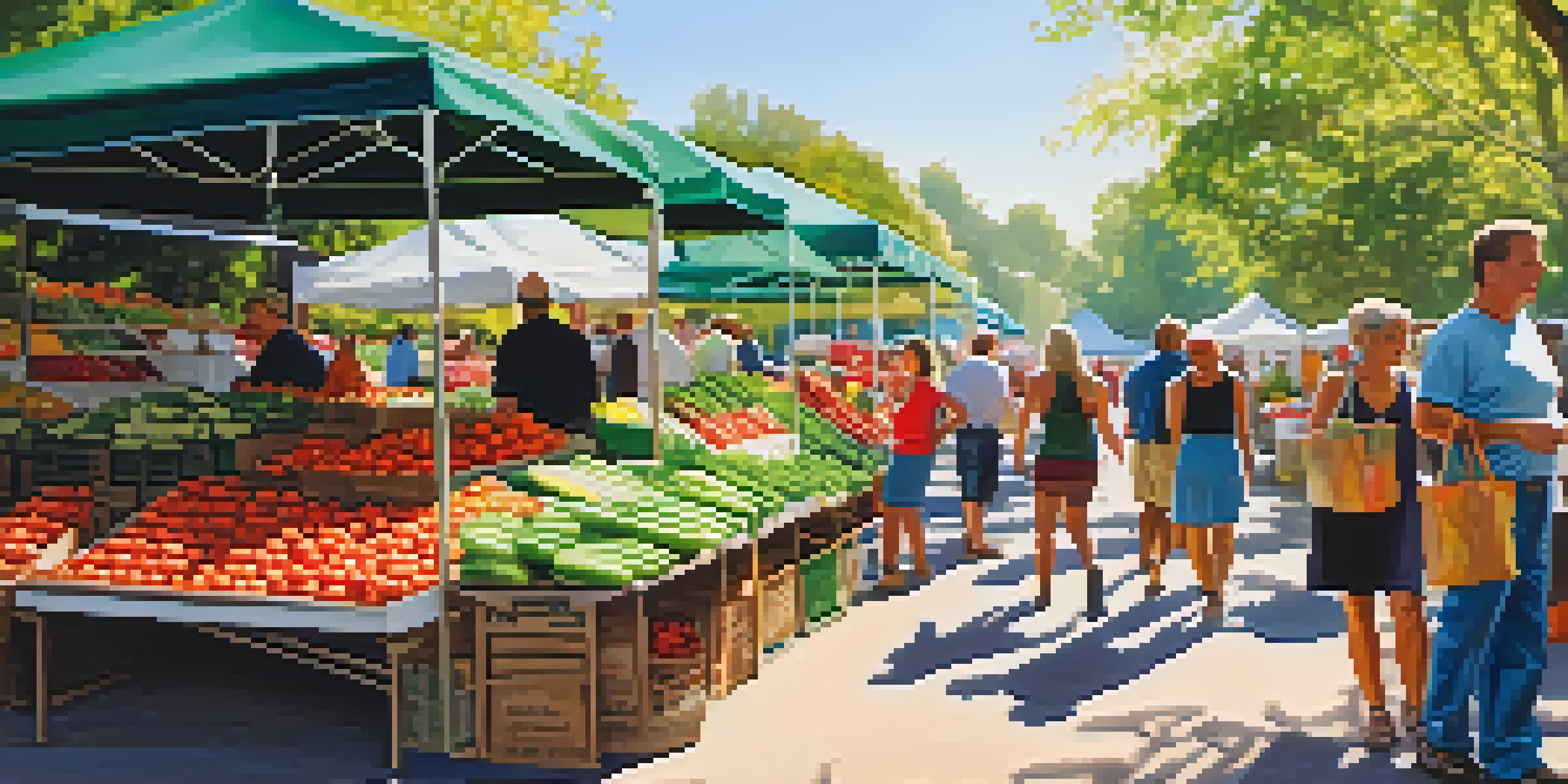 A lively farmers' market with colorful fresh produce and people interacting with farmers.