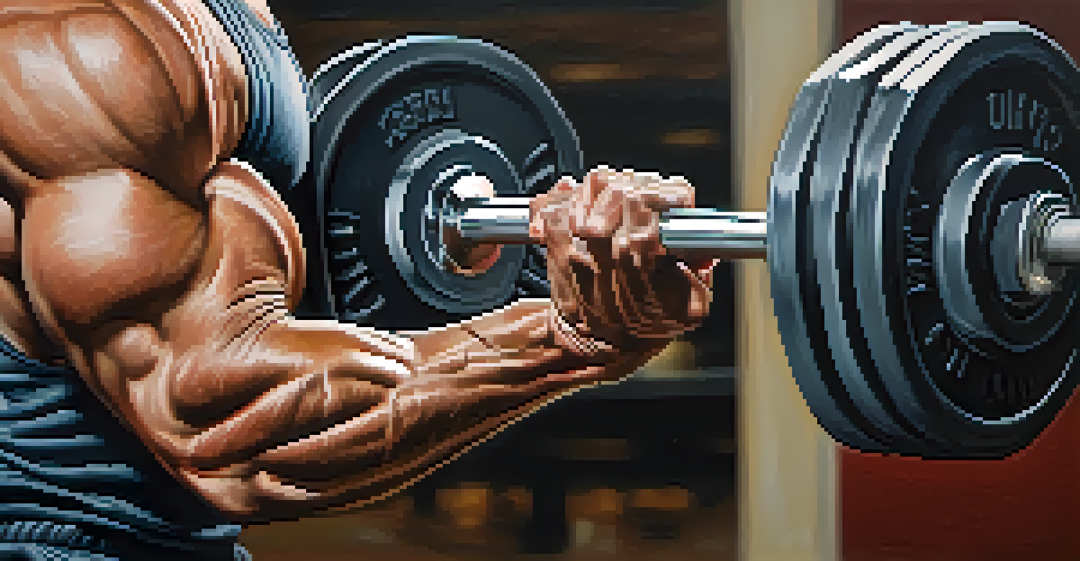 A close-up of hands gripping a barbell, highlighting muscular definition and texture against a softly blurred gym background.