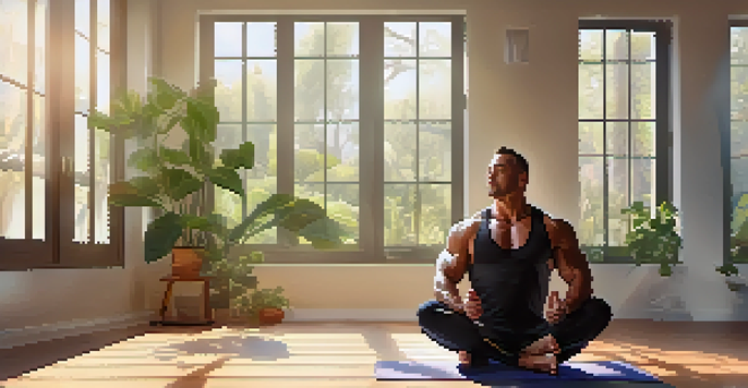 A bodybuilder in a peaceful indoor setting practicing deep breathing exercises on a yoga mat, surrounded by plants and soft sunlight.